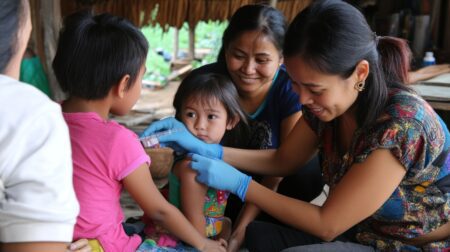 A Young Girl Receives A Vaccination From A Medical Professional, While Her Mother Watches Nearby.